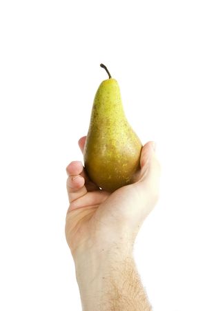 A male hand holding a pear. Isolated on white with .の写真素材