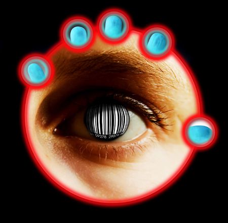 An eye detail concept image with a bar code for the iris and pupil.の写真素材