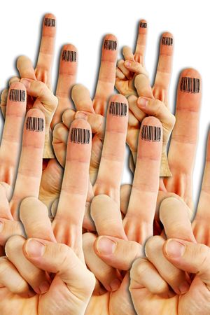 A single finger being held in the air on a mans hand with a bar code on the tipの写真素材