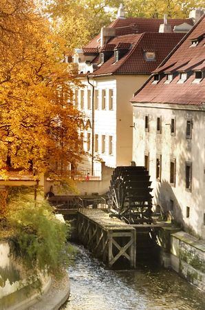 A water mill on a river in Prague, Czech Republic.の写真素材