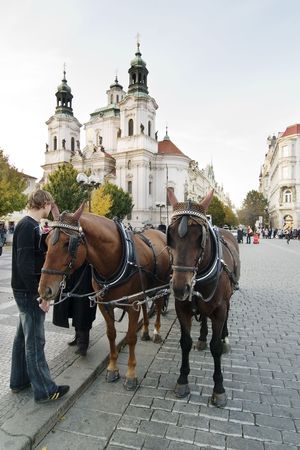 A horse drawn cart in the old part of Prague, Czech Republic.の写真素材