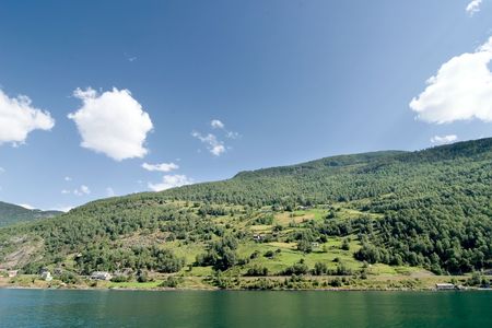 Fjord landscape in the western area of Norway, Aurlandsfjord in Sognefjord.の写真素材