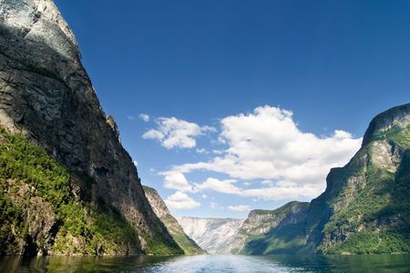 Fjord Scenic from the pass between Aurlandsfjord and naeroyfjord (nærøyfjord), in Sognefjord, Norwayの写真素材