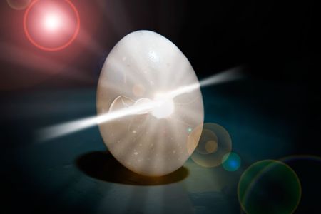 An egg with a magnificant light coming out of it.  Birth concept image - with lens flare.の写真素材