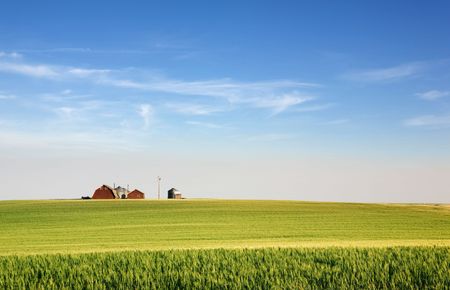 A landscape with wheat and a farm on the horizonの写真素材