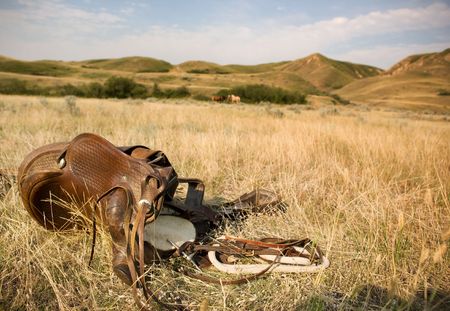 A western saddle laying on the prairie grassland with horses and rolling hills in the backgroundの写真素材