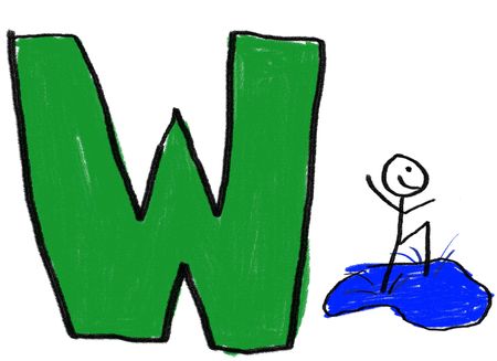 A childlike drawing of the letter W, with a stick man splashing in waterの写真素材