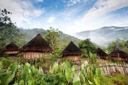 A traditional hut in an Indonesian mountain villageの写真素材