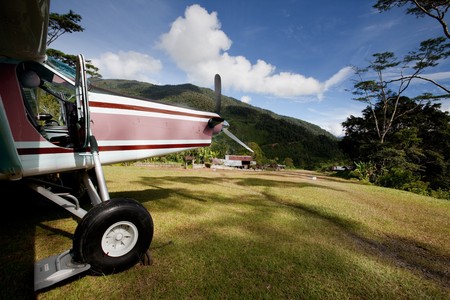 A small airplane on a grass mountain runway