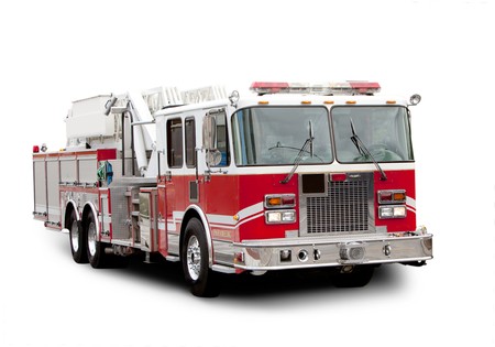 A red fire truck isolated on white with a shadow