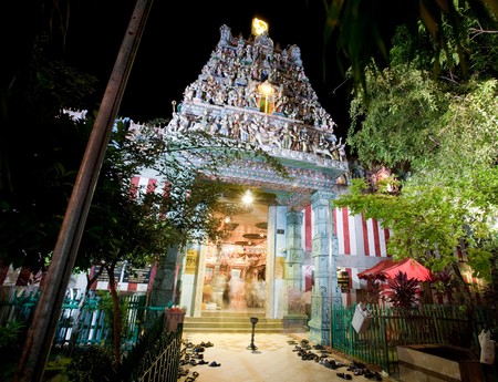 A night shot of a hindu temple in Singaporeの写真素材