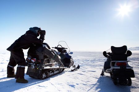 An expedition guide on the look out for polar bears - Svalbard Norwayの写真素材