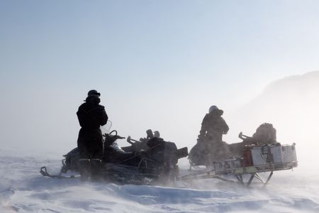A wild winter storm in a barren mountain landscapeの写真素材
