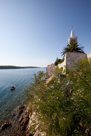 Medieval fortified town on the ocean, Rab, Croatiaの写真素材