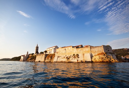 Medieval fortified town on the ocean, Rab, Croatiaの写真素材