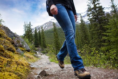 A person hiking in Banff National Park, Alberta, Canadaの写真素材