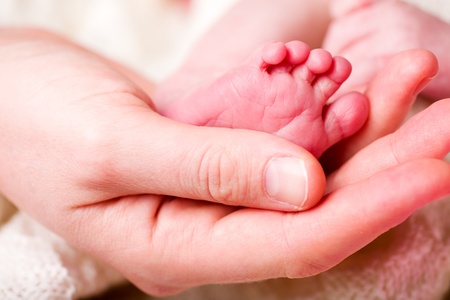 The foot of a newborn baby in the hand of a motherの写真素材