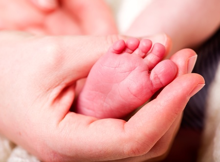 A mother's hand holding the foot of her babyの写真素材