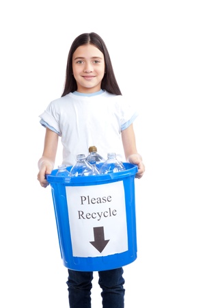 Young happy girl holding recycling waste bin の写真素材
