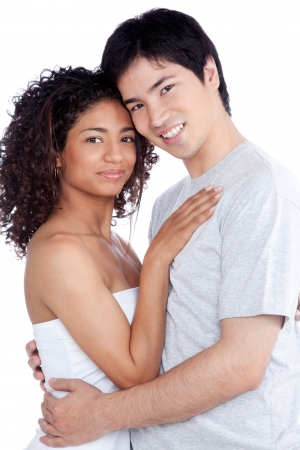 Portrait of diverse young couple isolated on white background の写真素材