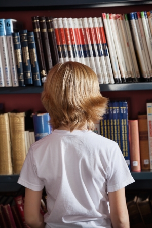 Rear view of little schoolboy standing against bookshelf in libraryの写真素材