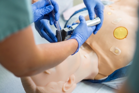 Cropped image of nurse and doctor adjusting endotracheal tube in dummy patient's mouth at hospitalの写真素材
