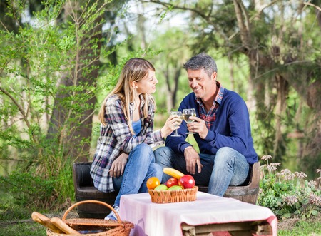 Couple Toasting Wine Glasses At Campsiteの写真素材