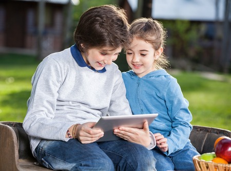 Siblings Using Tablet Computer At Campsiteの写真素材