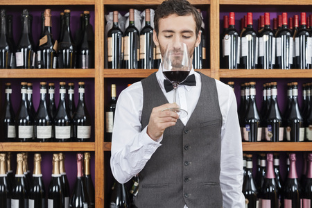 Young bartender smelling red wine against shelves in wineryの写真素材
