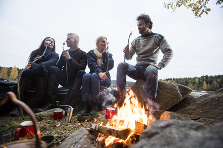 Friends Eating Marshmallows Near Campfireの写真素材
