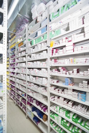 Medicines Arranged In Shelves At Drugstoreの写真素材
