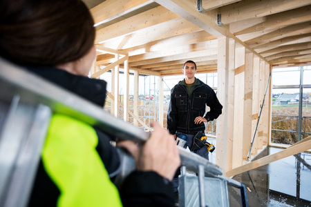 Carpenter Standing While Colleague Carrying Ladder In Incompleteの写真素材