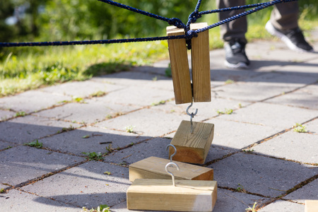 Wooden Blocks Being Lifted By Ropesの写真素材