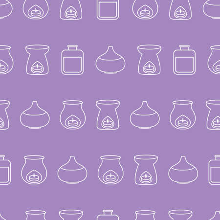 Aromatherapy seamless pattern with vector line art Icons. Purple Background with Horizontal Stripes of Aroma Oil Burners and Scent Diffusers. Great for aromatherapy spa themed wallpaper, backdropsのイラスト素材