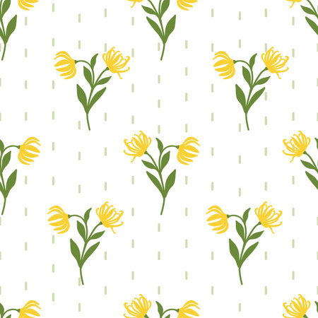 Floral Seamless vector Pattern with Ylang Ylang or Cananga Flower Branches and Hand Drawn Vertical Thin Short Lines. Yellow and Green Floral Elements on White Background,のイラスト素材