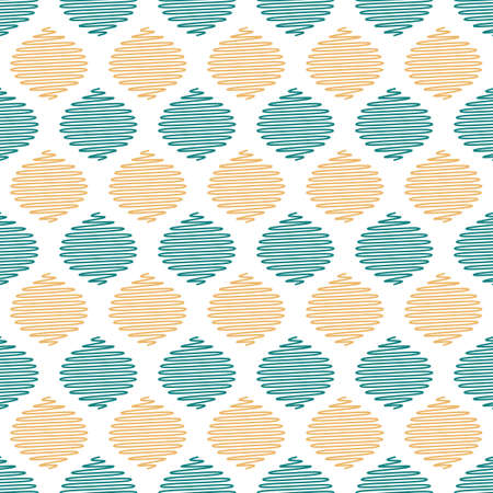 Scribbled Yellow Teal Ogees Seamless Pattern on White Background. Vector Geometric Texture.のイラスト素材