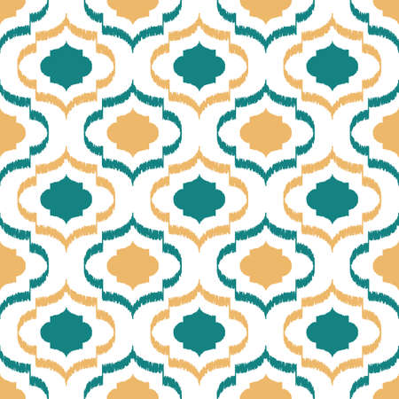 Seamless Ikat Quatrefoil Pattern. Vector Geometric Texture with Yellow - Teal Colors on White...