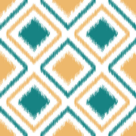Ikat Geometric Seamless Pattern with Teal and Yellow Diagonal squaresのイラスト素材