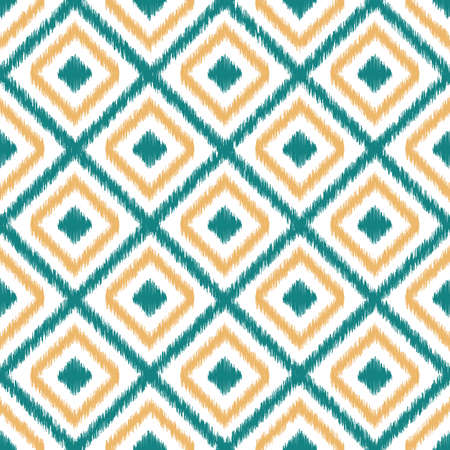 Geometric Seamless Pattern Based on Ikat Fabric Style with Teal, Yellow Diagonal Square Shapes on White Background.のイラスト素材