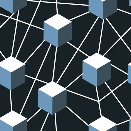 Blockchain Network. Seamless Vector Background. Blocks interconnected with Lines. Seamless Network of Connected Blocks or Cubes.のイラスト素材