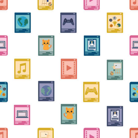 NFT Marketplace with Various Non Fungible Tokens. Seamless Vector Illustration of NFT Categories like Art, Music, Domain Names, Virtual Worlds, Trading Crads,Collectibles, Sportsのイラスト素材