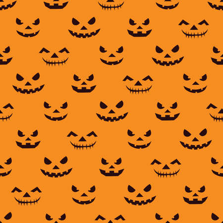 Halloween Background with Carved Faces. Black Silhouettes on Orange Background. Seamless Pattern for Festive Decorations,Carving Competition Invitations, Gift wrapping, Wallpapers, Fabric, Bannersのイラスト素材