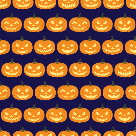 Seamless Pattern With Halloween Jack-o-Lanterns. Flat Illustration.Isolated Carved Pumpkins on Dark Background. Suitable For Carving Competition Invitations, Gift wrapping, Wallpapers, Fabric, Bannersのイラスト素材