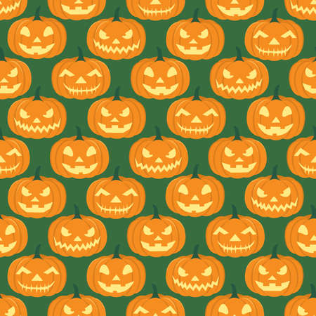 Halloween Pumpkins Seamless Pattern. Flat Vector Illustration. Isolated Jack-o-Lanterns on Green Background. For Festive Party Decorations,Carving Competition Invitations, Gift wrapping, Wallpapersのイラスト素材