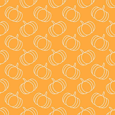 Cute Autumn Pumpkins Pattern. Seamless Background for Fall and Halloween. White Pumpkin Outlines on Orange Background. Perfect for Decorating, Autumn Holidays, Halloween, Textile, Wrapping Papersのイラスト素材