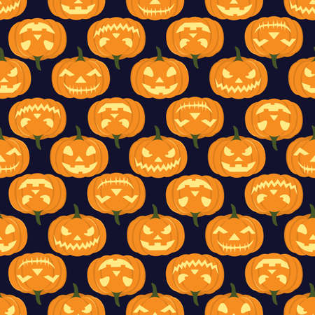 Jack-o-Lanterns Seamless Background for Halloween Festival. Isolated Carved Pumpkins on Dark Background. Suitable For Carving Competition, Party Invitation, Giftwrapping, Wallpapers, Fabric, Backdropsのイラスト素材