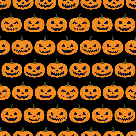 Carved Pumpkins Seamless Pattern. Vector Background for Halloween Festival. Orange Pumpkins Arranged Horizontally on Black Background. For Printing Invitations, Gift wrapping, Banner, Backdrop,Fabricのイラスト素材