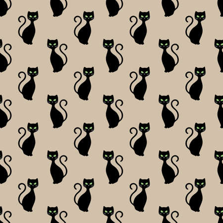 Halloween Pattern with Scary Cats. Flat Vector Illustration. Spooky Background for Halloween Party, October Party Decorations, Invitations, Banners, Wallpapers, Gift wrappers, Greeting cardsのイラスト素材