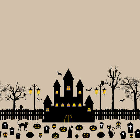 Spooky Village at Halloween Night. Seamless Border. Scary Background for Halloween Party, October Party Invitations, Giftwrapping, Backdrop, Wallpapers, Decorations, Greeting cardsのイラスト素材