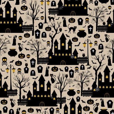 Halloween Night Background of Spooky village. Seamless Vector Illustration. Scary Pattern for Halloween Party With Witch with Broomstick, Castles, Trees, Cats, Owls, Graves, Pumpkins.のイラスト素材